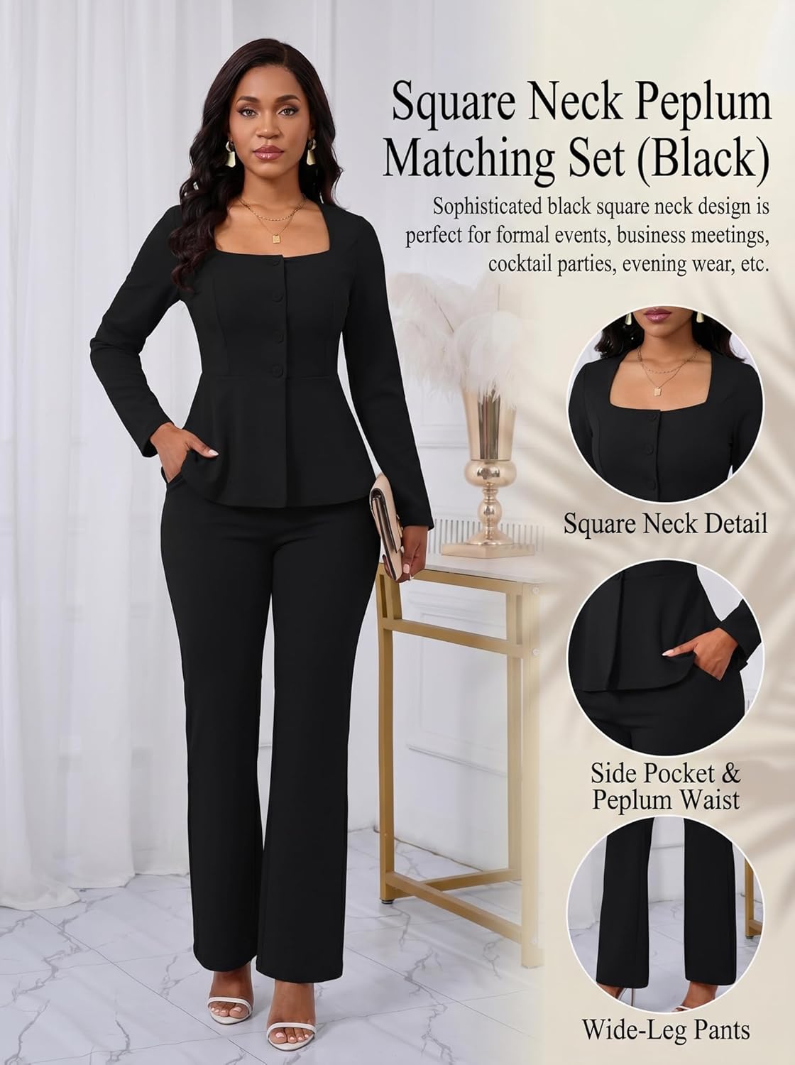 Ekaliy Women's 2 Piece Pants Suit Long Sleeve Blazer Flare Pant Set Casual Office Work Outfits