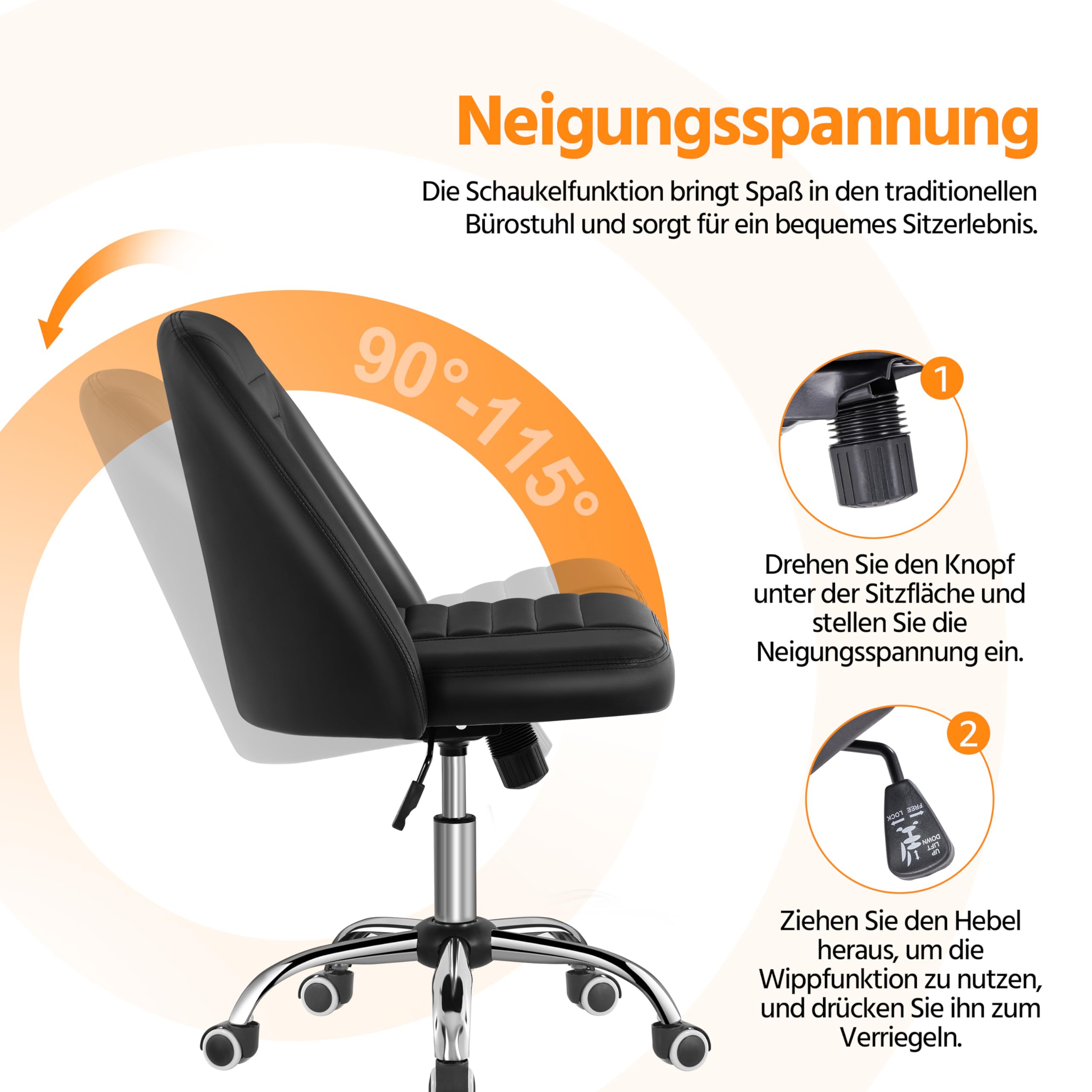 Yaheetech Bürostuhl ohne Armlehne Schreibtischstuhl Drehstuhl mit Rollen ergonomischer Schreibtischsessel höhenverstellbar Arbeitshocker Schminkstuhl Kunstleder Schwarz