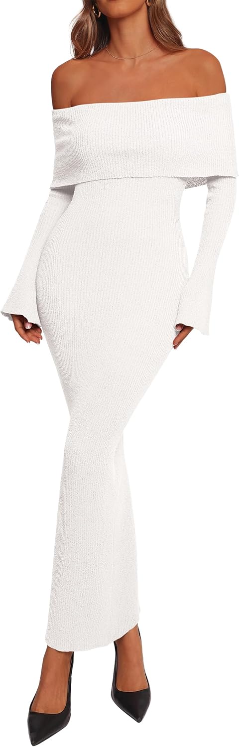 dowerme Women's Off The Shoulder Sweater Dress 2026 Formal Long Sleeve Bodycon Maxi Wedding Guest Dresses Spring Outfits