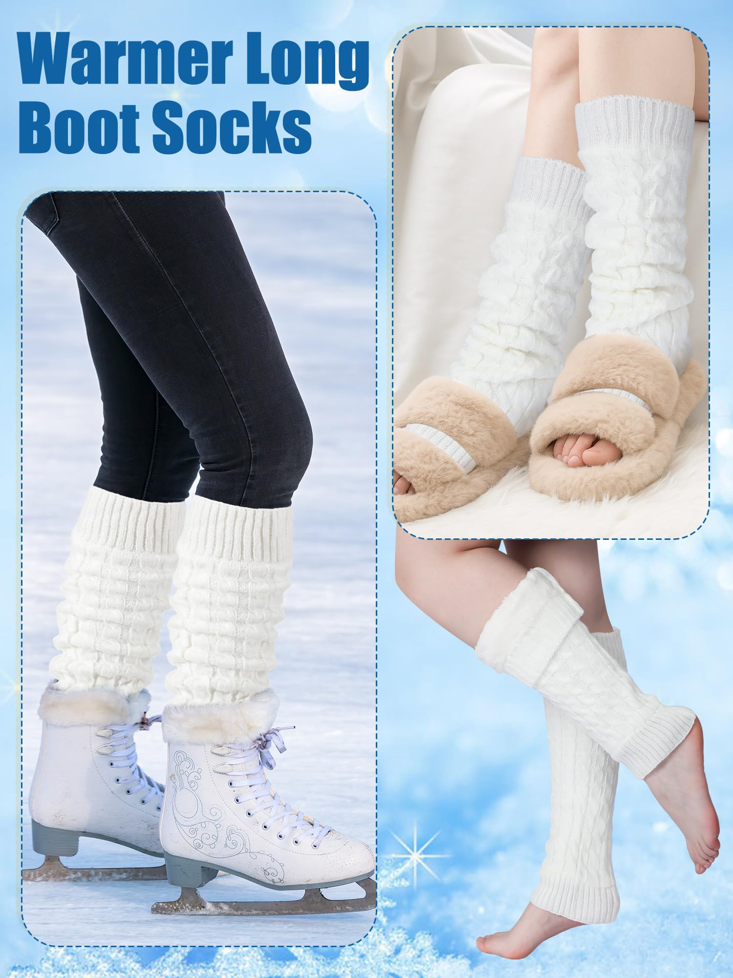 Chuarry 3 Pairs Winter Fleece Lined Leg Warmer for Women Skating Leg Warmer Long Boot Socks for Women Skating Every Day Wear: White 8 Figure Knit Pattern