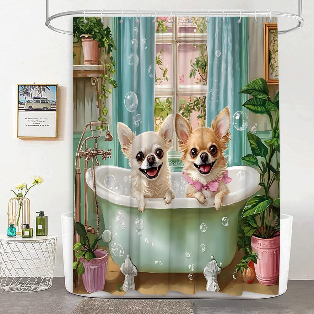 Funny Dog Shower Curtain Cute Pet Animals Puppy Watercolor Farmhouse Fabric Bathroom Decor Curtain with Hooks, 78Wx70H