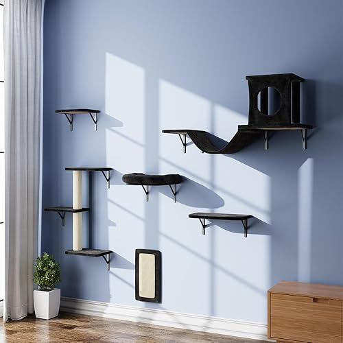 Miniatura 8 de Muebles para gatos montados en la pared, 6 muebles de pared para gatos, escalador de gatos con casa de gato, puente, árbol, escalones y rascador,