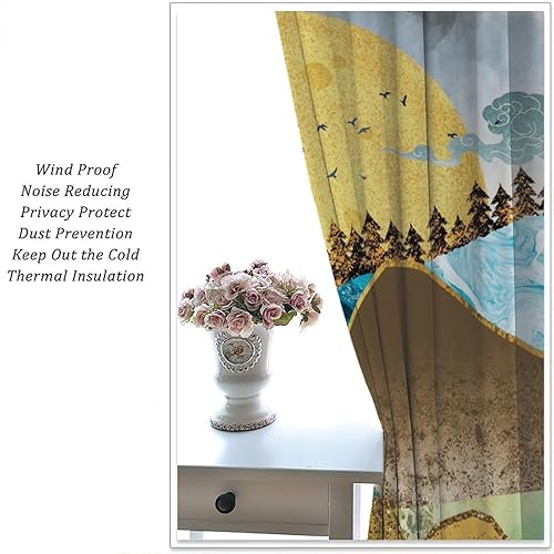 Miniatura 5 de Cortinas retro con aislamiento térmico y estampado de mármol para ventana, estilo japonés, estilo bohemio, sol y puesta de sol, para sala de estar,