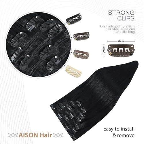 Miniatura 4 de Aison Extensiones de cabello humano real de color negro natural, 2.47 onzas, 100% Remy, extensiones de cabello humano Remy suave y sedoso, 7 piezas,