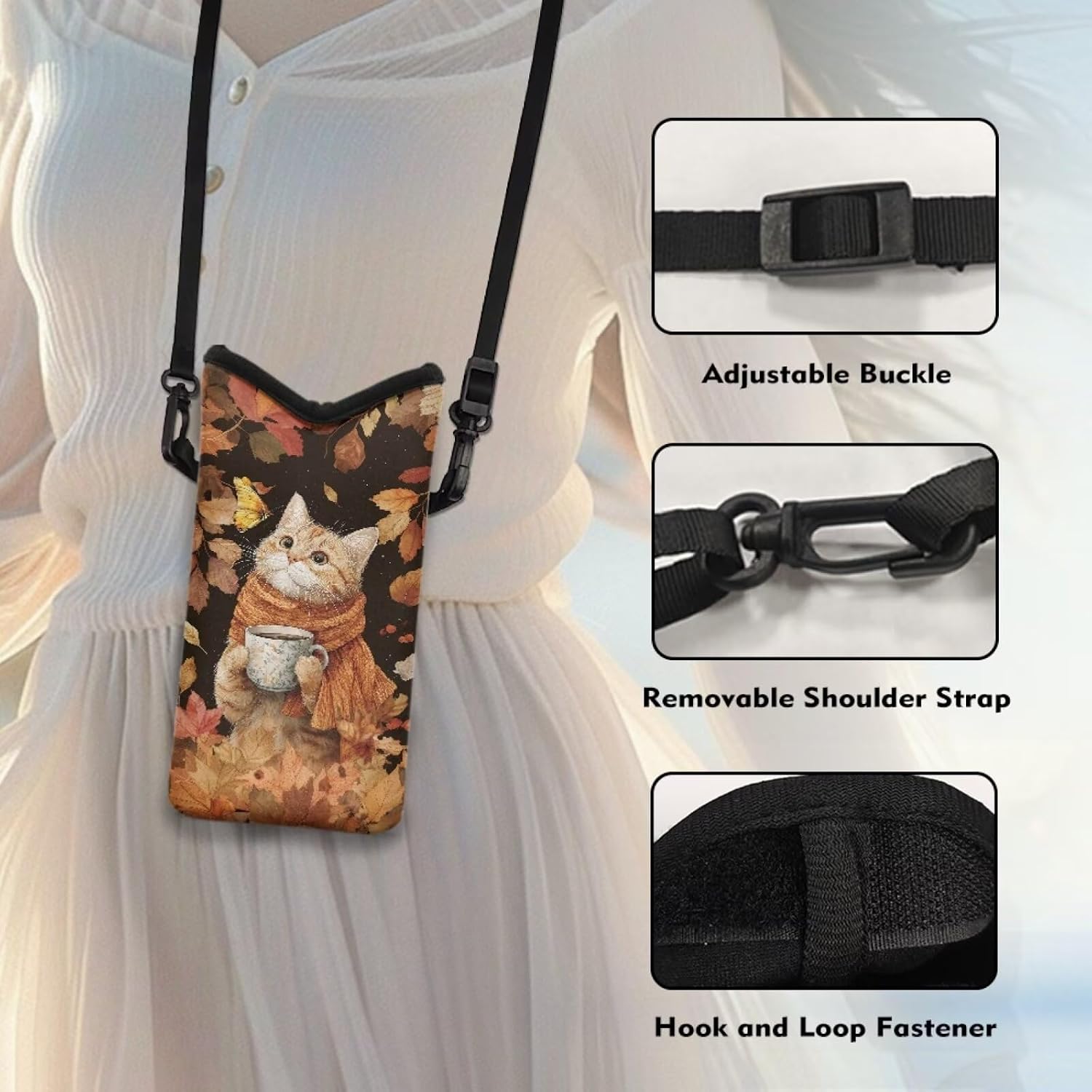 Autumn Soft Phone SleeveMobile Phone Bag Case for Women Men Belt Loop Holster with Adjustable Strap Thanksgiving Accessories, Cat Coffee Maple Leaf Butterfly Print