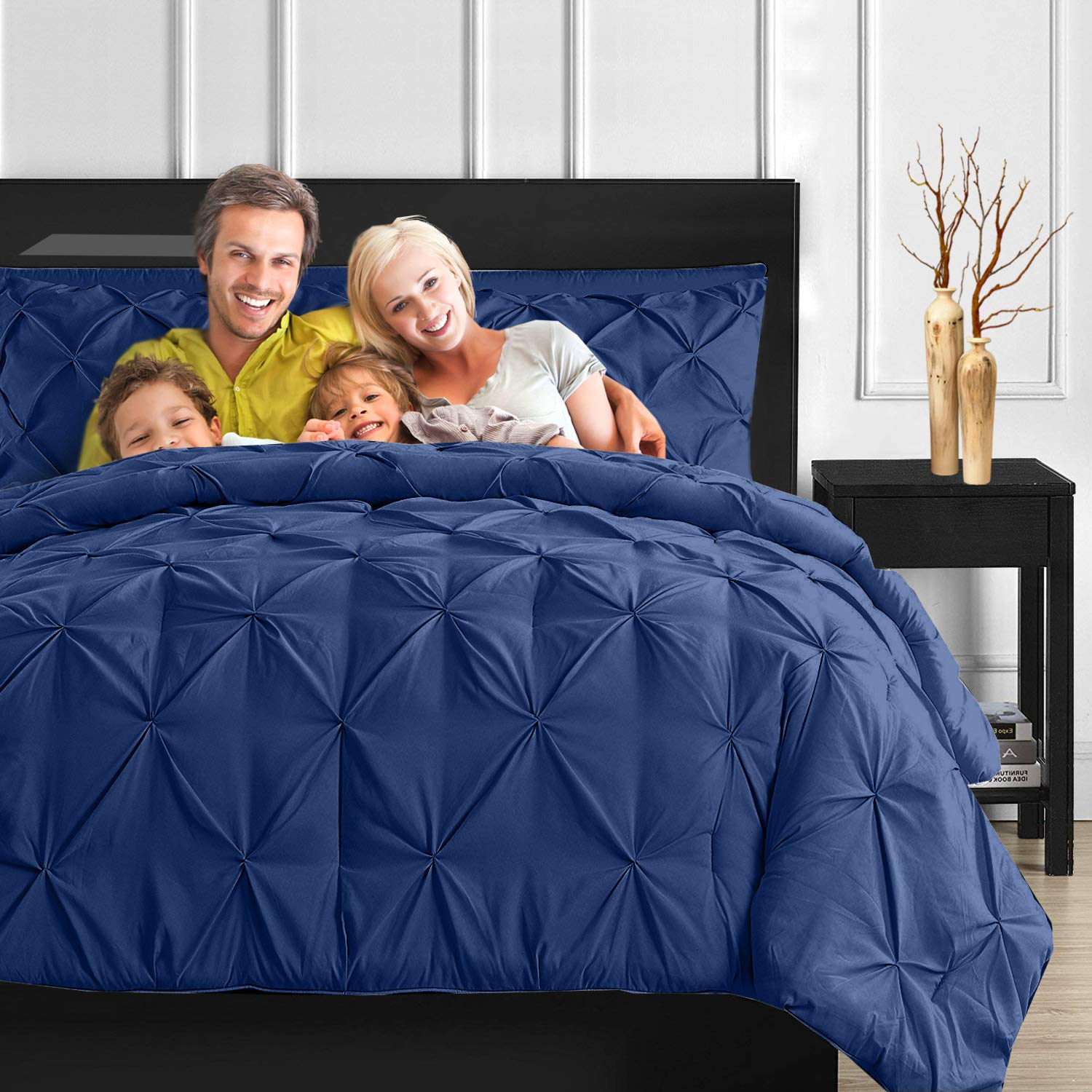 ASHLEYRIVER 3 Piece Luxurious Pinch Pleated Twin Duvet Cover Navy