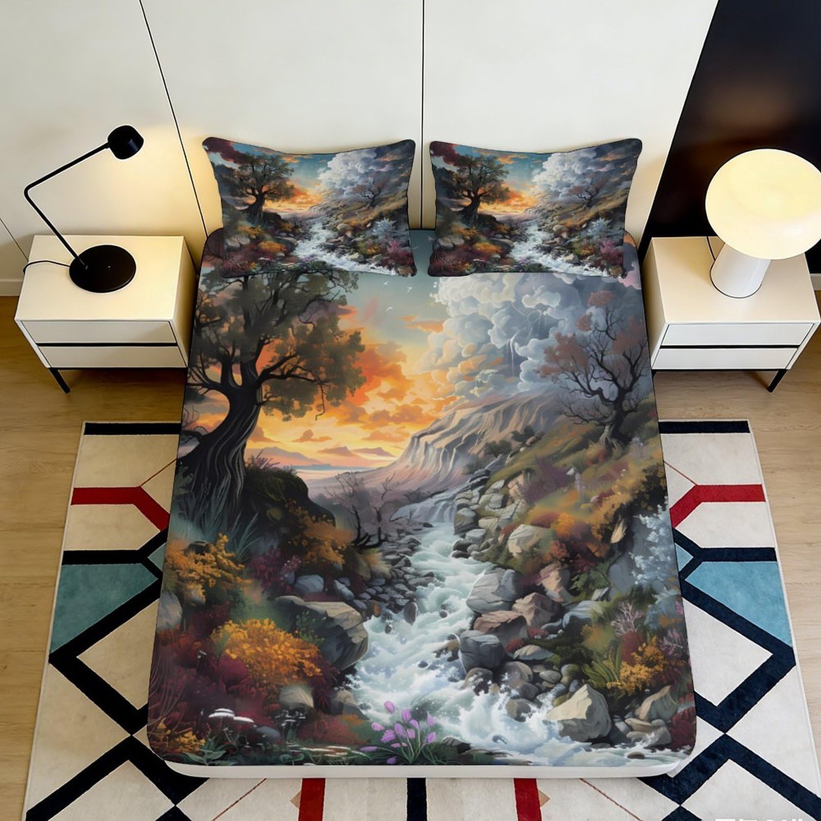 3D Printed Mountain Sunset River Fitted Sheet Microfiber Scenic Landscape Bed Cover for Bedroom Guest Room Decor 90x200x25cm