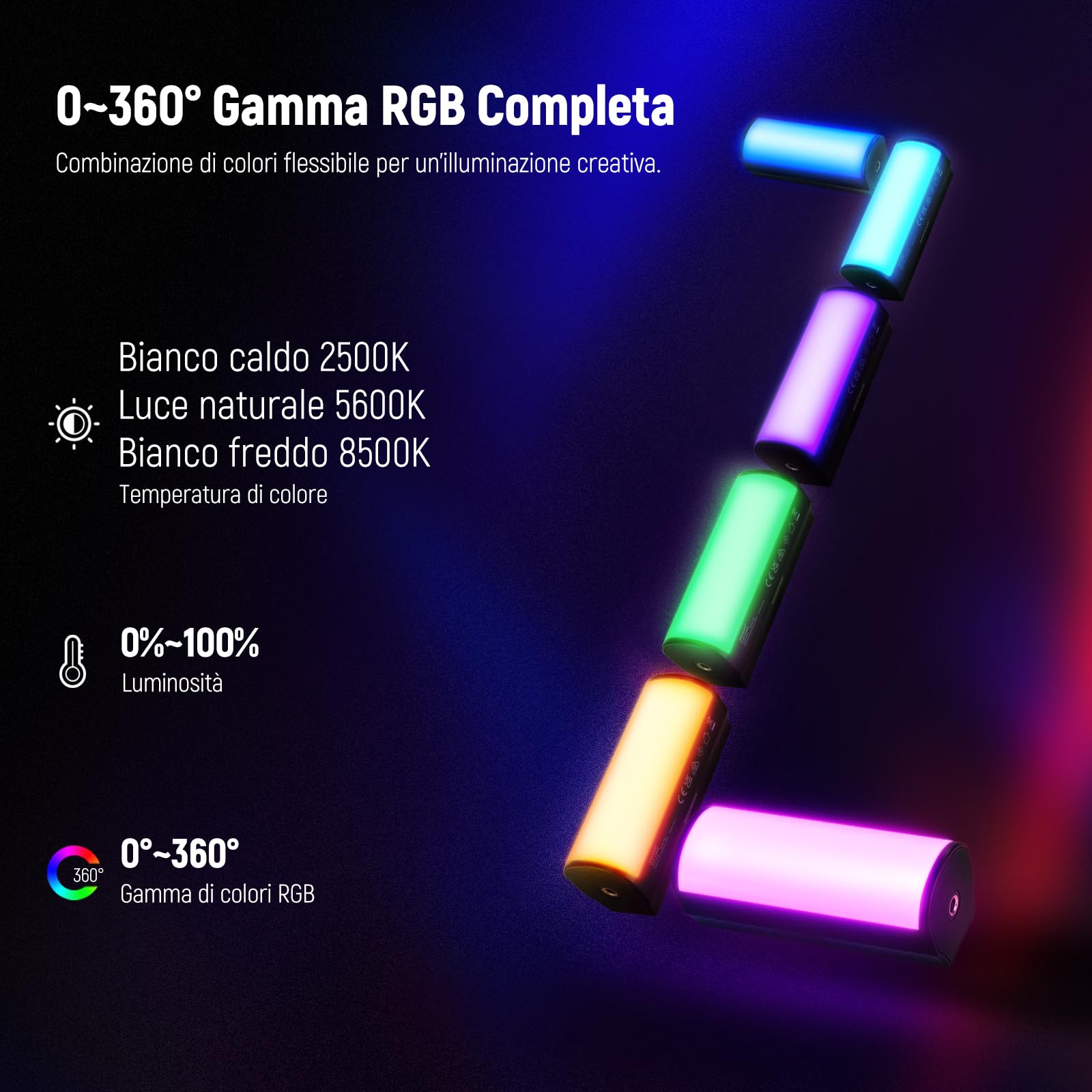 NEEWER BASICS Barra Luminosa Magnetica Portatile, Mini Luce Tubo LED RGB a 360°, Batteria 2500mAh, Dimmerabile 2500K-8500K, Light Stick per Studio Fotografia Riprese Streaming TikTok YouTube, TL96RGB