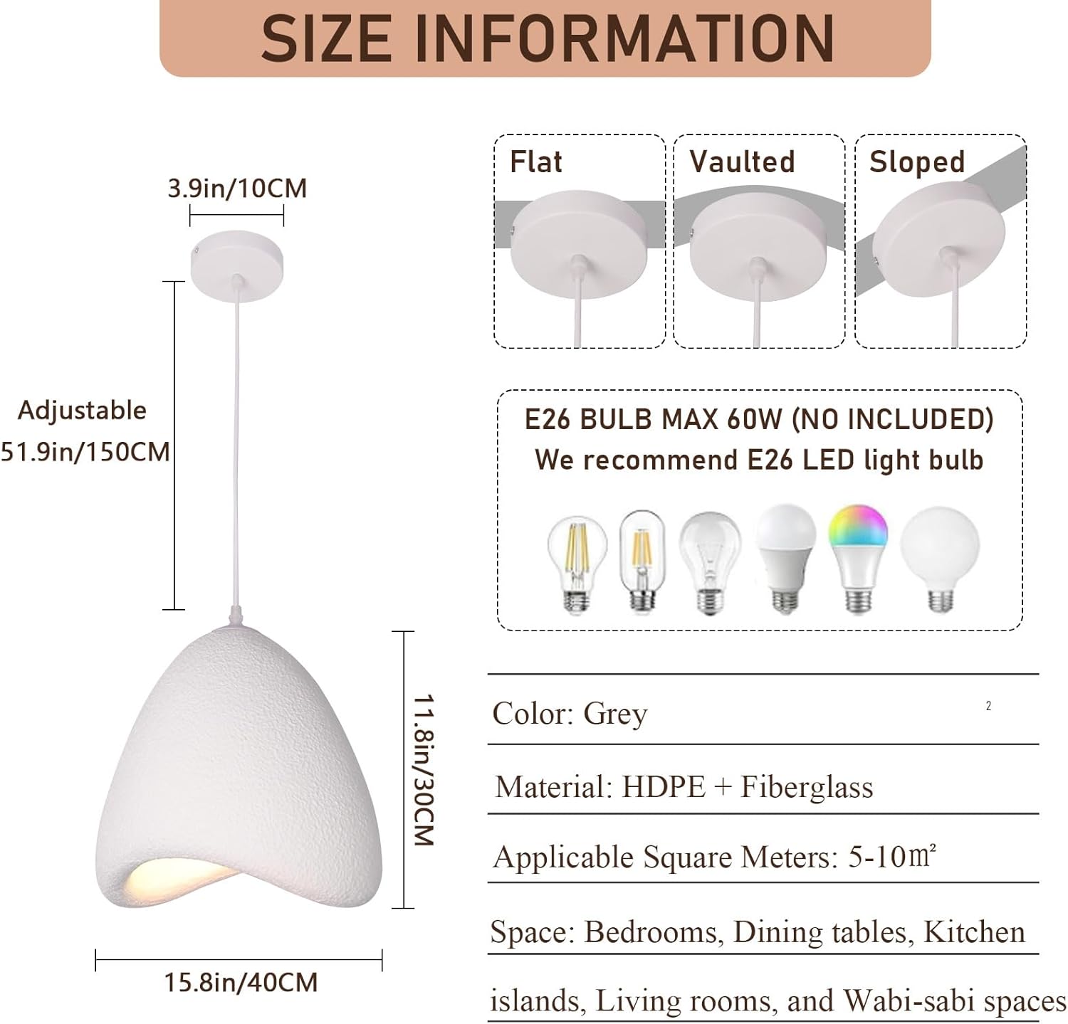 Japanese Pendant Lights Kitchen Island Lighting 15.8'' Dining Room Light Fixtures Over Table Modern Pendant Light Wabi-sabi Hanging Lamp for Hallway Restaurant Bedroom
