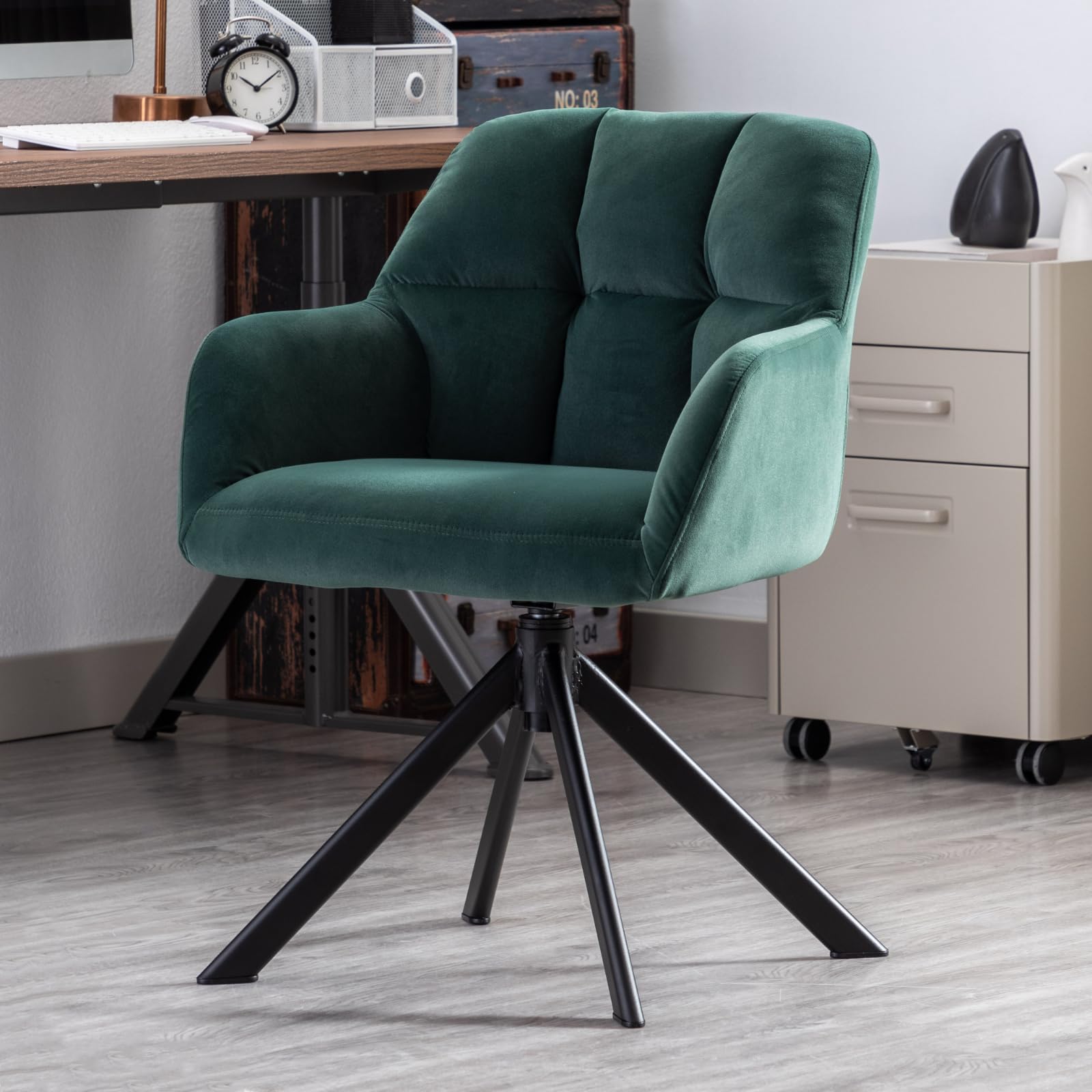 Fauteuil travail pivotant en velours vert pour un coin bureau élégant de chambre ou salon