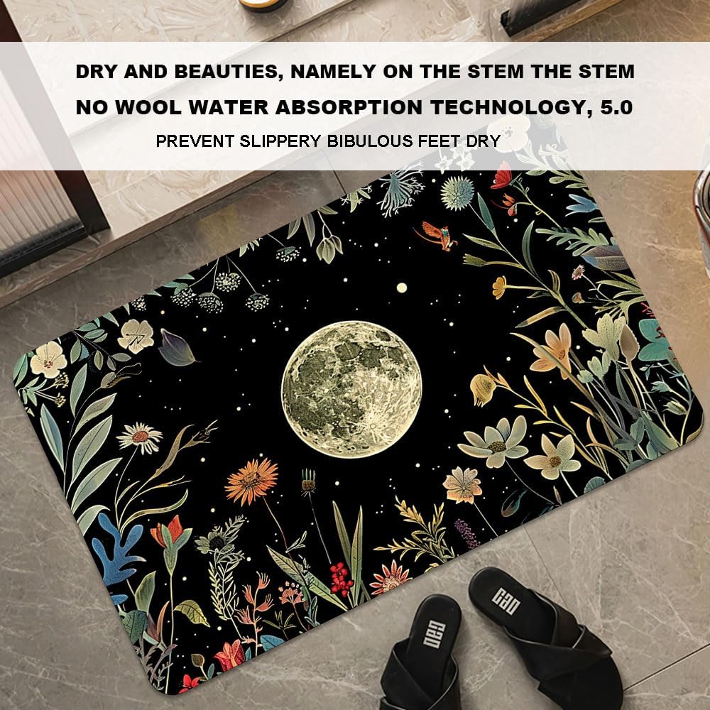 Bath Mat-Bathroom Rug，Moon Surrounded by Wildflowers-Absorbent Non Slip Quick Dry Stain Resistant Easy to Clean Care Shower Rug for Bathtub Shower Room 16×24Inch (40 * 60cm)