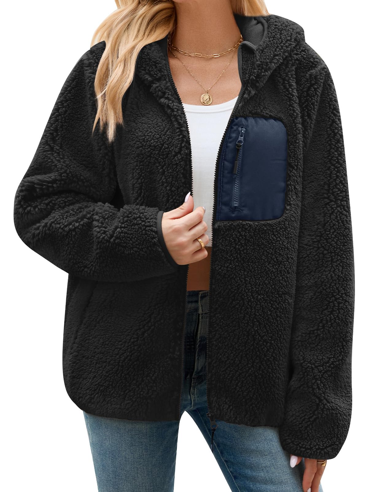 Fleecejacke Damen Winter Teddyjacke mit Kapuze Teddyfleece Kapuzenpullover Warme Herbstjacke Winterjacke Sherpa Damen-Jacken Zipper Hoodie Mantel Outdoor Plüschjacke mit Taschen
