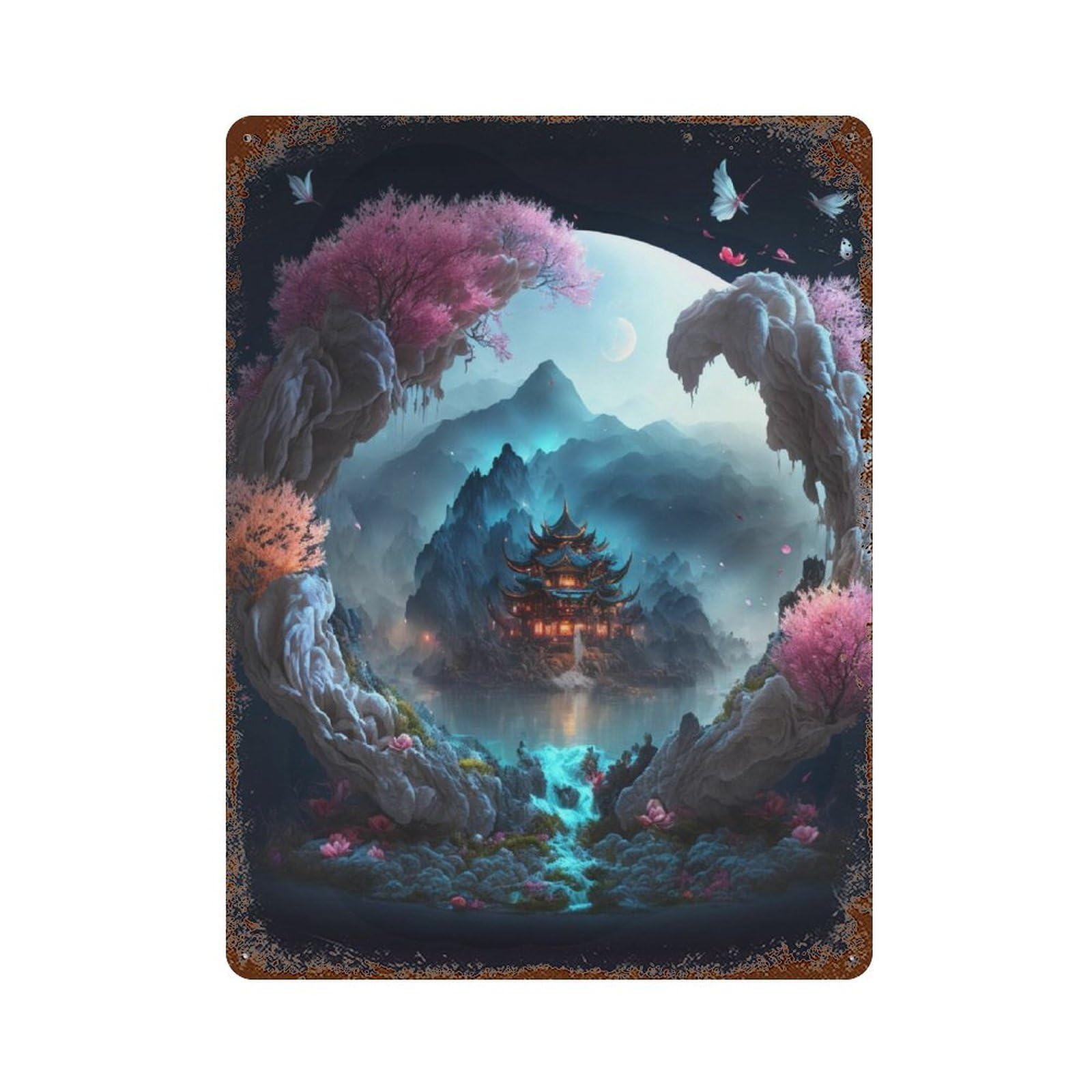 Rust Effect Fantasy Asian Landscape with Temple Rustic Tin Plaque 15.7"x11.8", Industrial Home Decor for Bistro, Counter And Cafe Decor