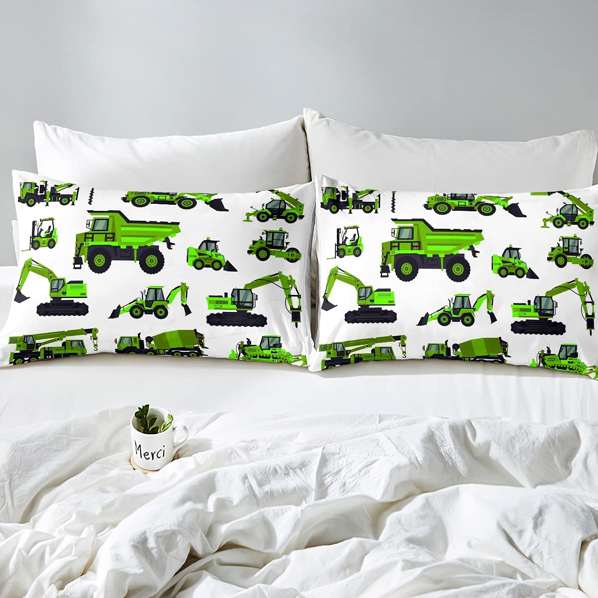 Juego de ropa de cama excavadora para niños, funda de edredón para niños, camión verde, vehículos, transpirable, blanco, ropa de cama y lino, Super King