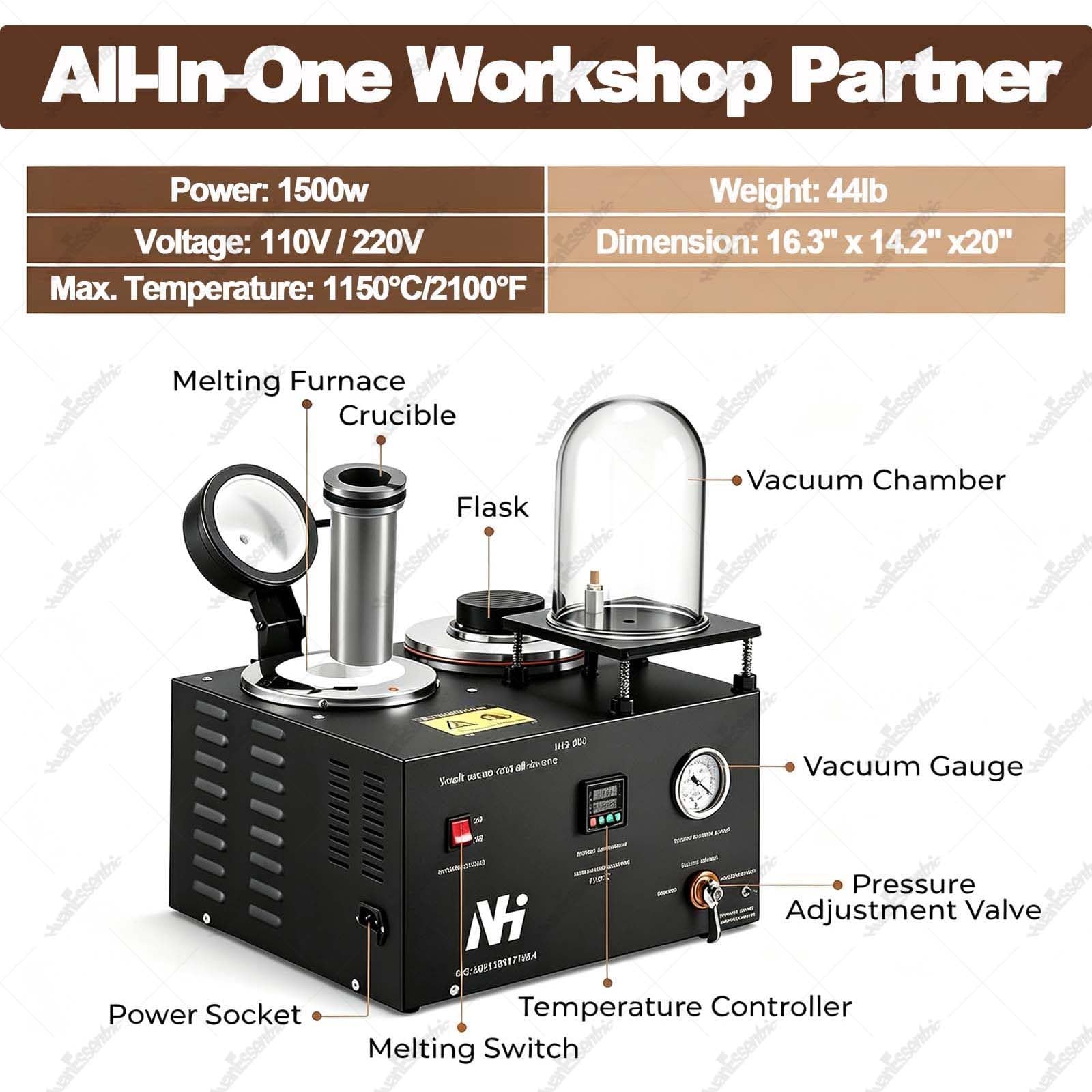 Horno De Fusión De Metal De 1500W,Horno Fundición Oro a 1200 °c 1kg | Capacidad De 1/2/3 Kg,Pantalla Digital,Máquina Fundición Al Vacío Para Hacer Joyas Con Combo Cera Perdida 3 Cfm