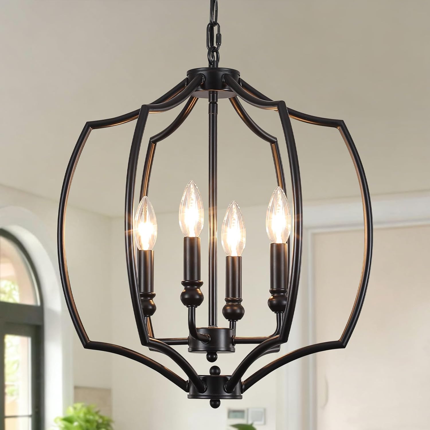 4-Light Black Farmhouse Lantern Chandelier, 16.7” Adjustable Height Pendant Light with Geometric Cage for Dining Room, Living Room, Kitchen Island, Foyer
