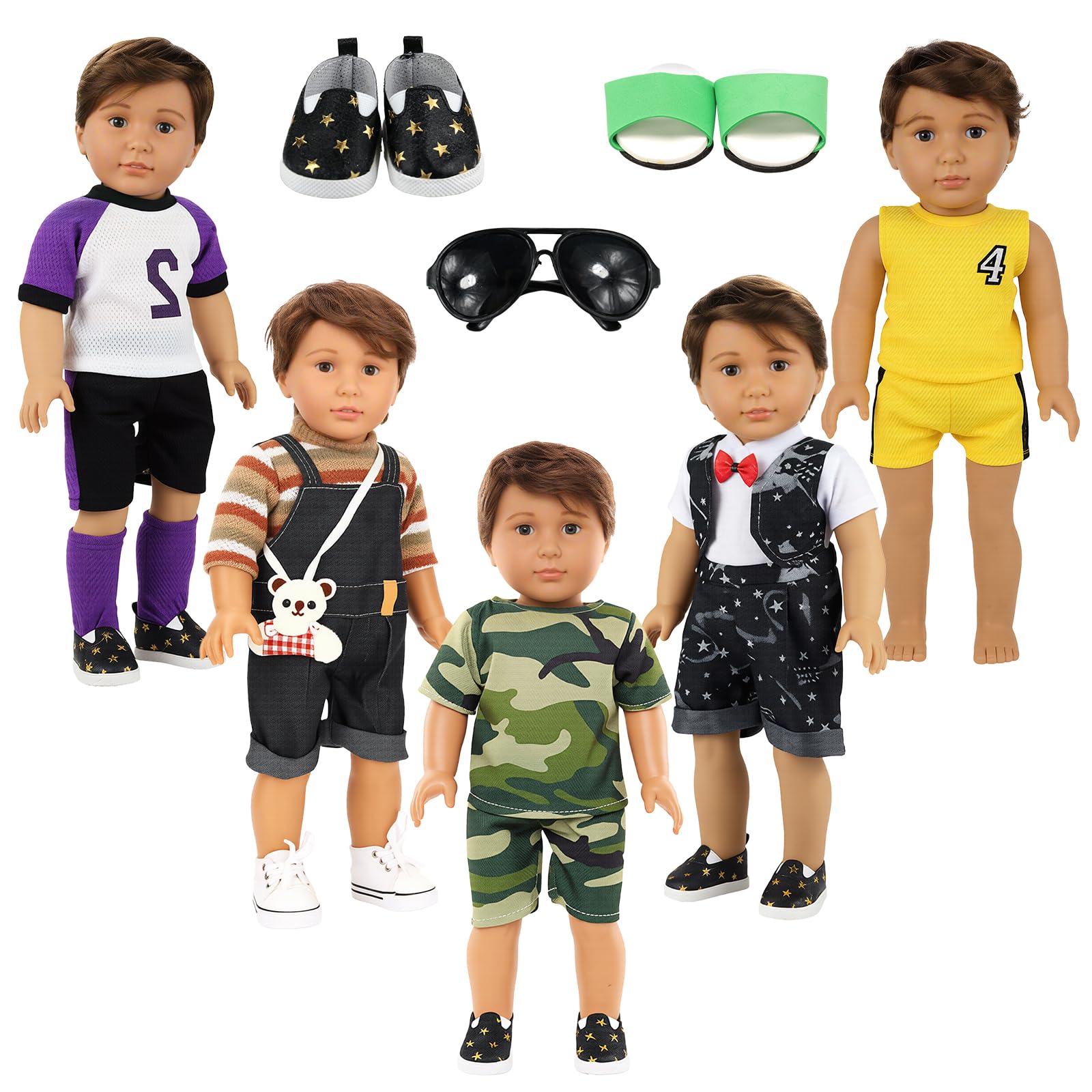 BARWA Boy Doll Clothes 5sets Boy Dolls Clothes 2 Pairs Shoes 1 Pair Glasses Compatible for 18 Inch Doll Outfit