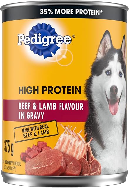 PEDIGREE HIGH PROTEIN Adult Soft Wet Dog Food, Real Meat, Beef & Lamb Flavour in Gravy, 12x 375g (13 oz) Cans