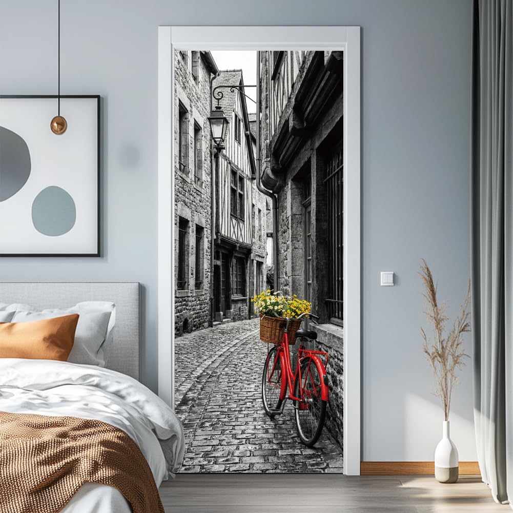 arricraft 2 Sheets Self-Adhesive Door Sticker, 80cmx200cm/31.5x78.7inch Vintage Street Bicycle Door Murals Stickers PVC Removable Wallpaper Decoration for Bedrooms ​Living Room