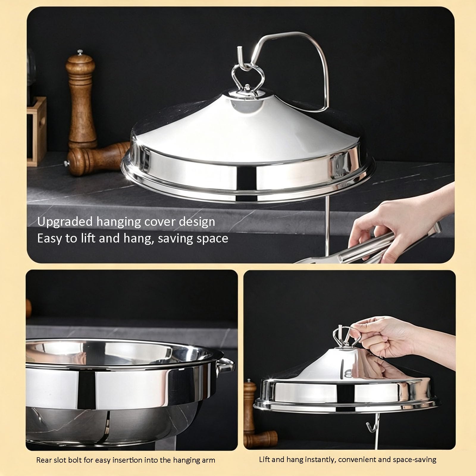 Calentadores De Alimentos De 9 litros para Buffet (9L,Sliver) | Soportes Para Combustible, Calentadores De Buffet Redondos Con Gancho, Para Bodas, Hoteles, Fiestas Y Banquetes