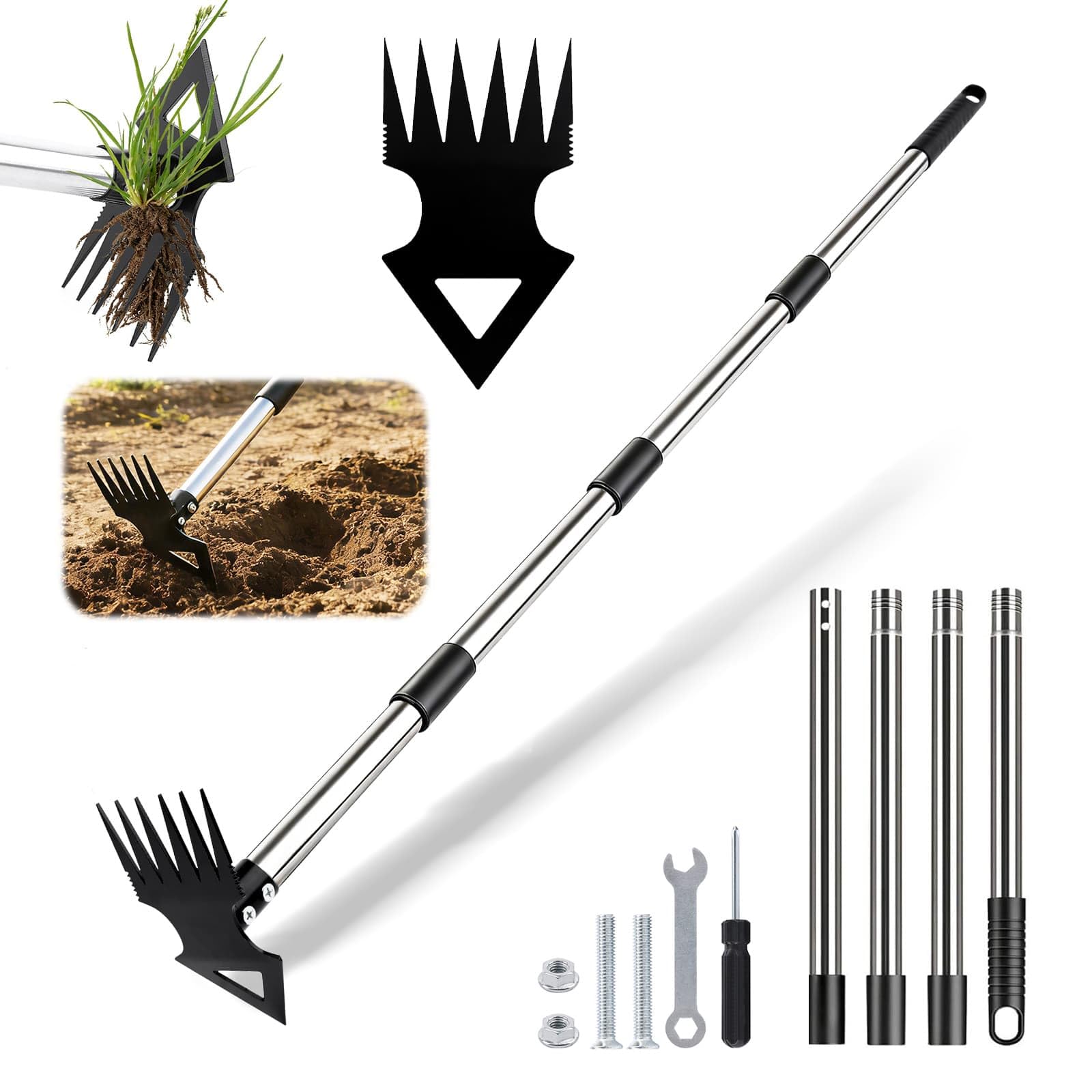 Weed Puller Tool with 150cm Sectional Handle, 2 in 1 Heavy Duty Manual Weed Rake & Garden Hoe Combo, Detachable Pole Weed Remover Gardening Tools for Lawn, Yard, Patio & Garden Weeding