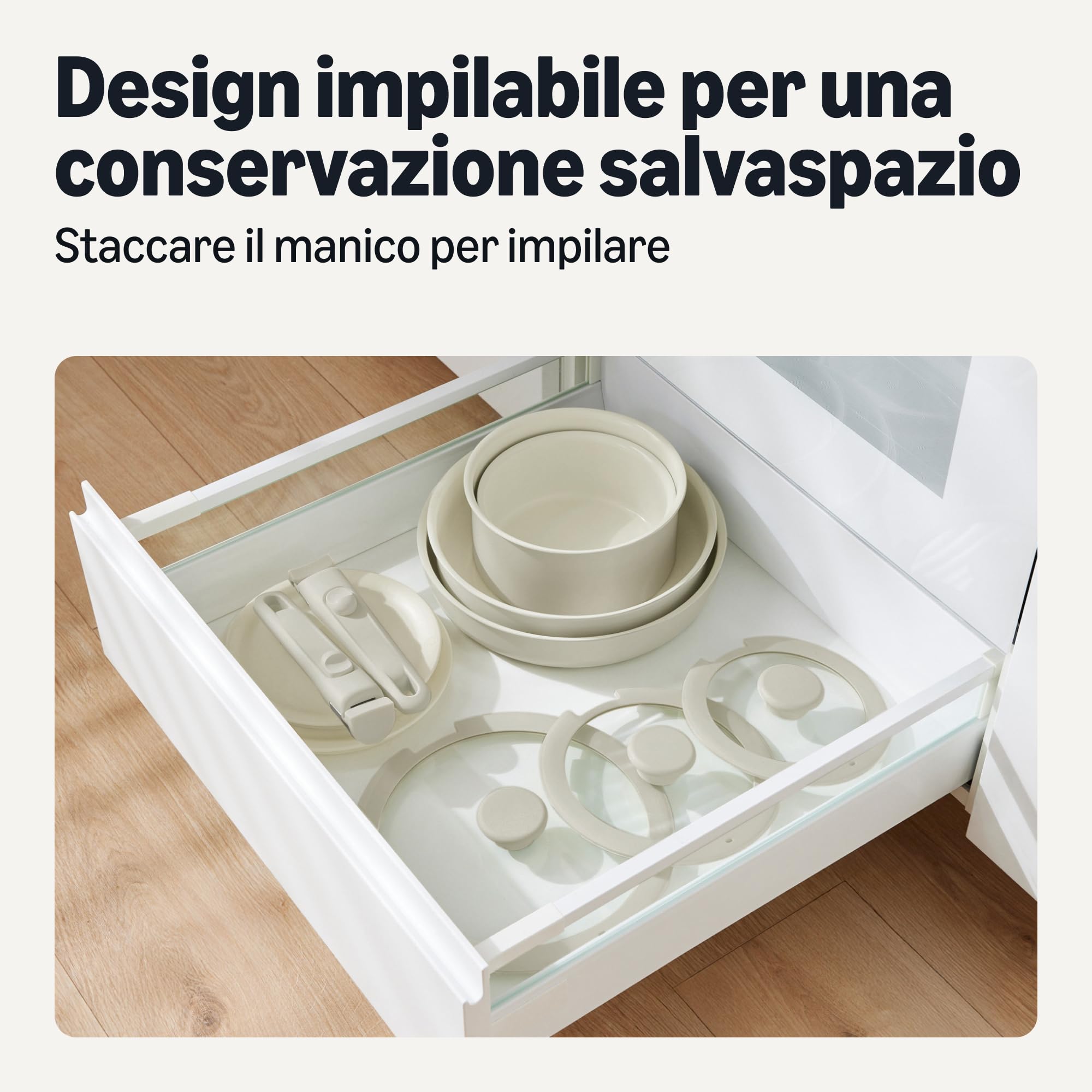 Amazon Basics Pentole Impilabili Antiaderenti in Ceramica con Manici Rimovibili, Set di 11 Pezzi, Adatte a Tutti i Piani Cottura, Grigio Lino