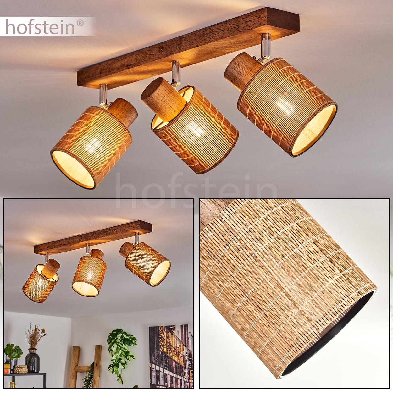 Lampada da soffitto Kinnared, lampada da soffitto moderna in legno/metallo/bambù in marrone scuro/cromo/naturale, lampada a 3 luci in design scandinavo con faretti regolabili, 3 x E14, senza lampadine