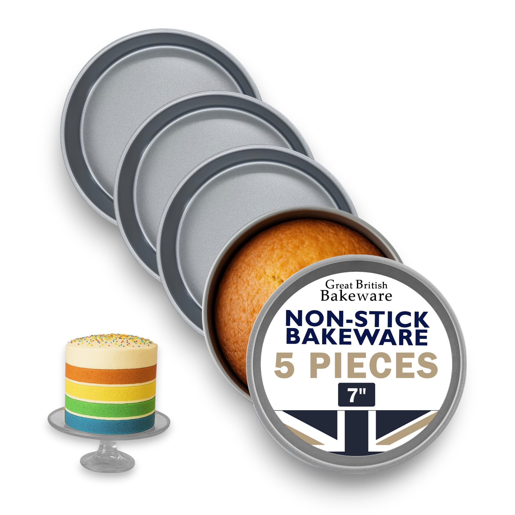 Samuel Groves Great British Bakeware Rainbow Layer Cake 5 Pack 7" (17.5cm) Non Stick Cake Tin,Victoria, Rainbow, Layer, Sandwich Cake Tin, Coil Coated, Birthday,
