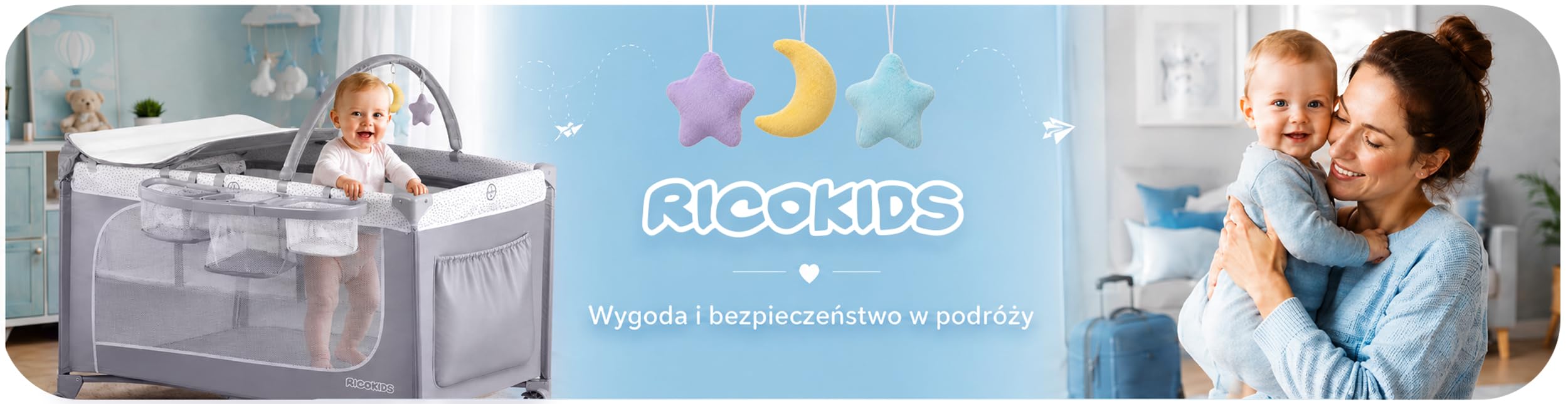 Ricokids Łóżeczko turystyczne dla niemowląt z materacem 123,5 x 65 x 76 cm do 15 kg 2 koła z hamulcami Szare