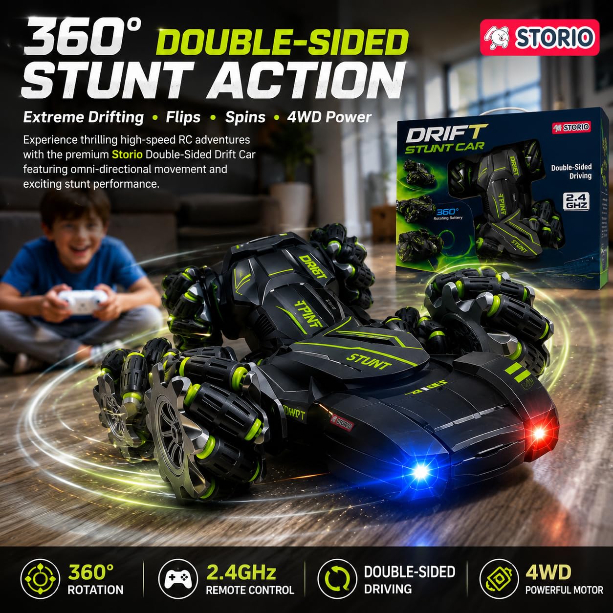 Storio Rechargeable Remote Control Car Toy, RC Car 4x4 Drift Stunt Car — Amazon image 2