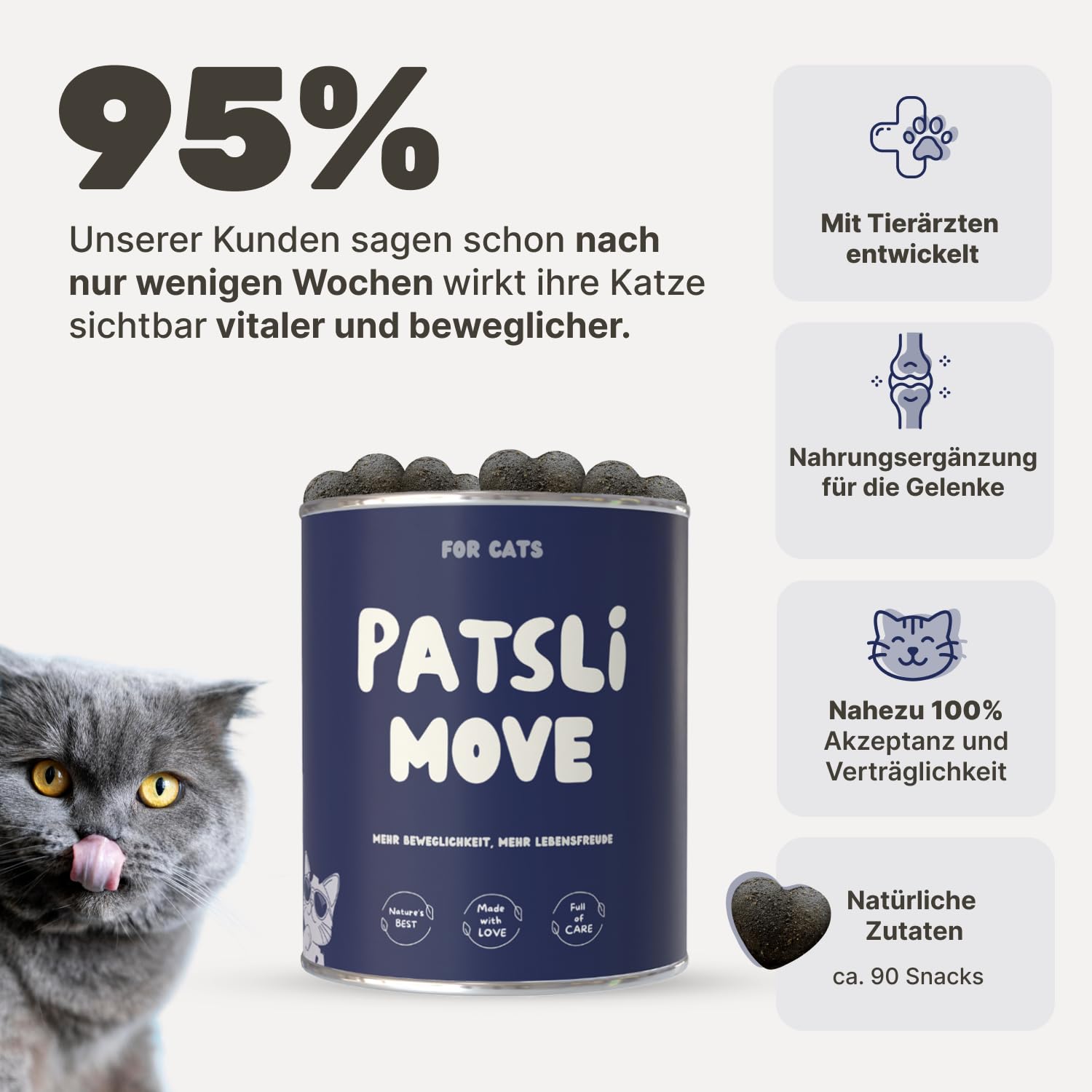Gelenk-Snacks für Katzen | Stärkt Gelenke mit Grünlippmuschel, MSM, Spirulina, Kollagen | Ergänzungsfuttermittel mit Omega 3 für Katzen | Tierärztlich entwickelt | Leckerli Gelenke Katze | Patsli Move