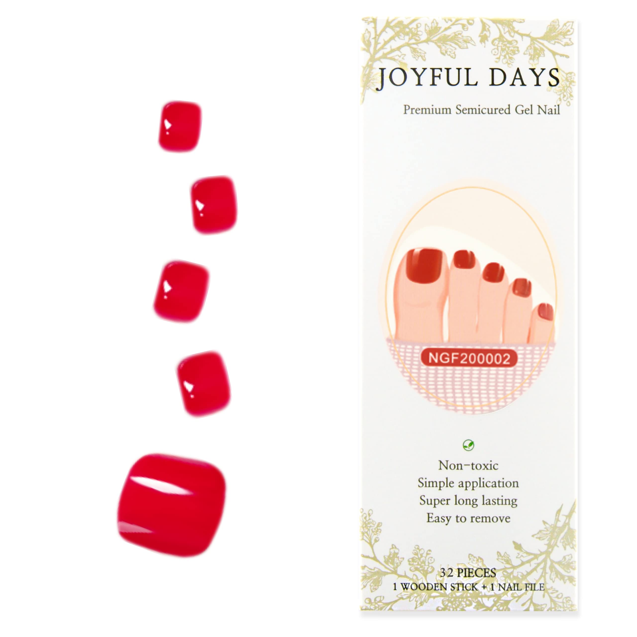 JoyfulDays Pedi Wraps 32Tiras de Uñas de Gel Semicurado Pedicure, Autoadhesivas Pegatina de Esmalte de Uñas de Gel Incluye Lima y Palo (Red), NGF0001