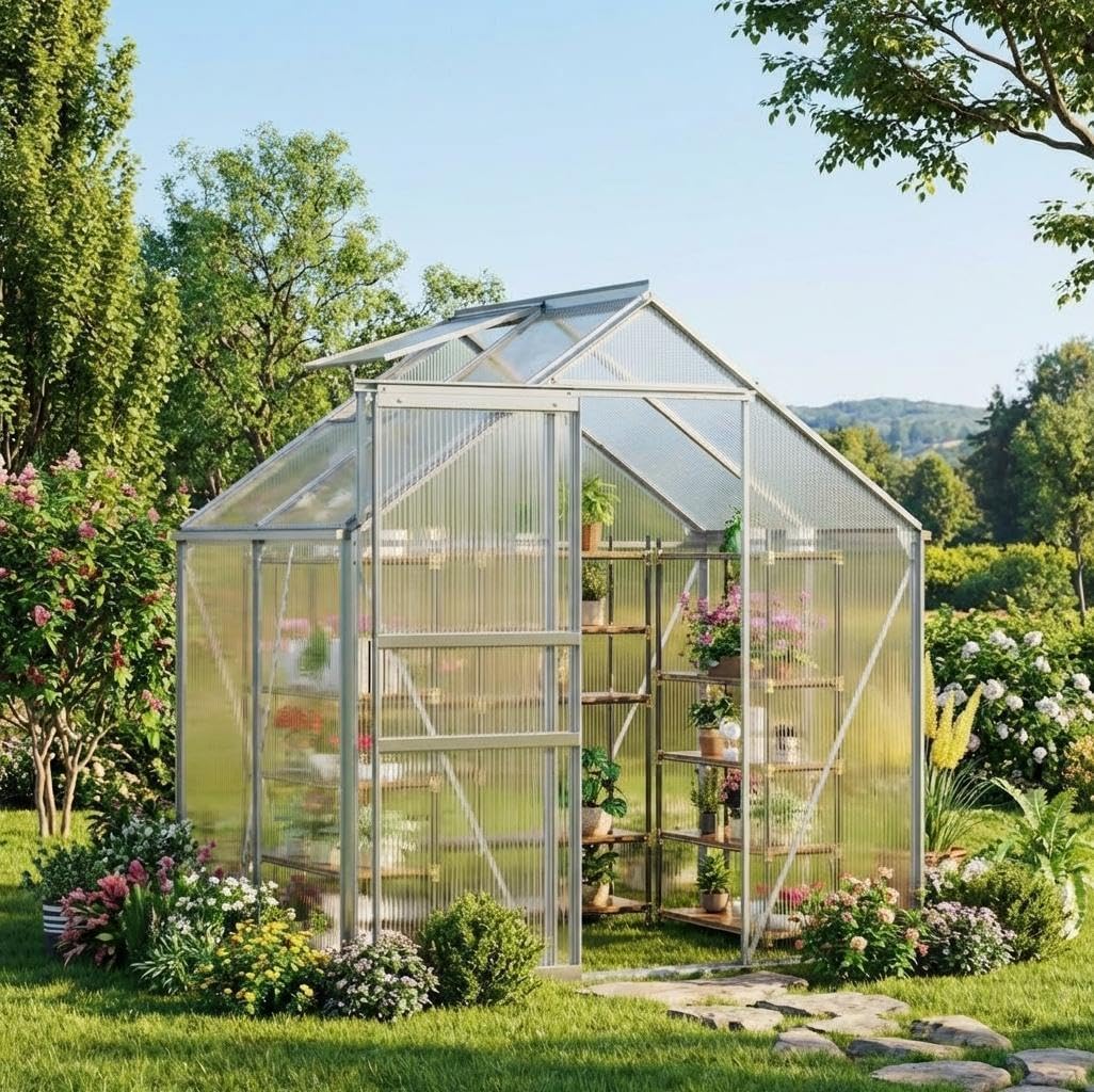 6x4 FT Polycarbonate Walk-in Greenhouse, Outdoor Garden Green House with Reinforced Aluminum Frame, Lockable Door & Adjustable Roof Vent, Easy Assembly Planting Shelter for Backyard Patio