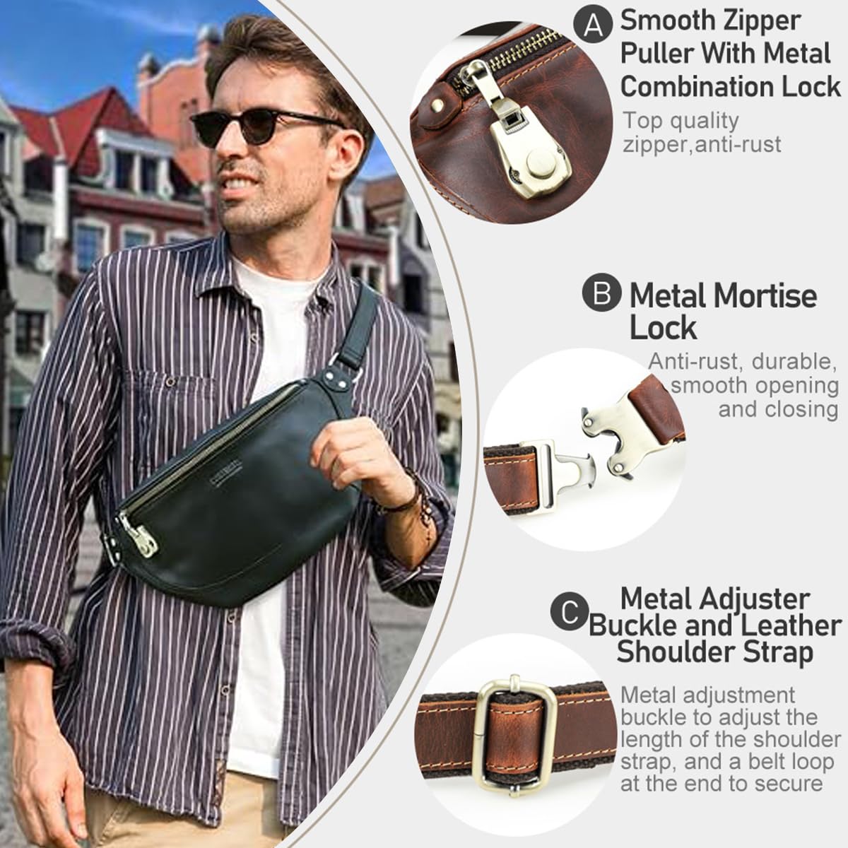 Hombre Bolsa de Pecho Bandolera de Cuero Genuino, Vintage Riñonera con Cinturón Ajustable y Cierre Antirrobo, Mochila Hombro Informal Bolsa de Cintura para Viajes Ciclismo Senderismo