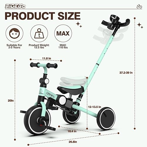 Miniatura 7 de Ridego Bicicleta plegable 5 en 1 para niños y niñas de 2 a 5 años, triciclo para niños con mango de empuje, triciclo para niños de 2 años de edad,