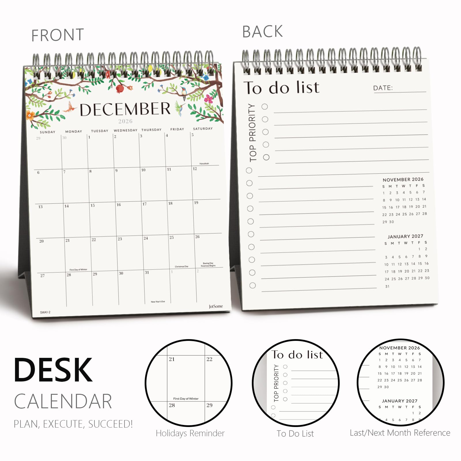 Jotsome Calendario da tavolo 2026-2027, calendario in piedi 15,2 x 19,1 cm | Calendario da oggi a giugno 2027, design estetico da tavolo con lista delle cose da fare, regalo per le vacanze