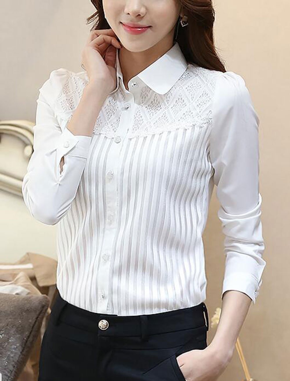 Blusa Vintage Botones Manga Larga Elegante Cuello Alto para Mujer