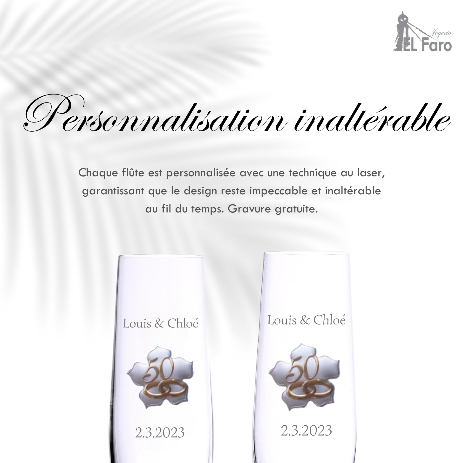 JOYERÍA EL FARO Flûtes 50e anniversaire de mariage personnalisées | Cristal de Bohême haute résistance, Coffret premium inclus