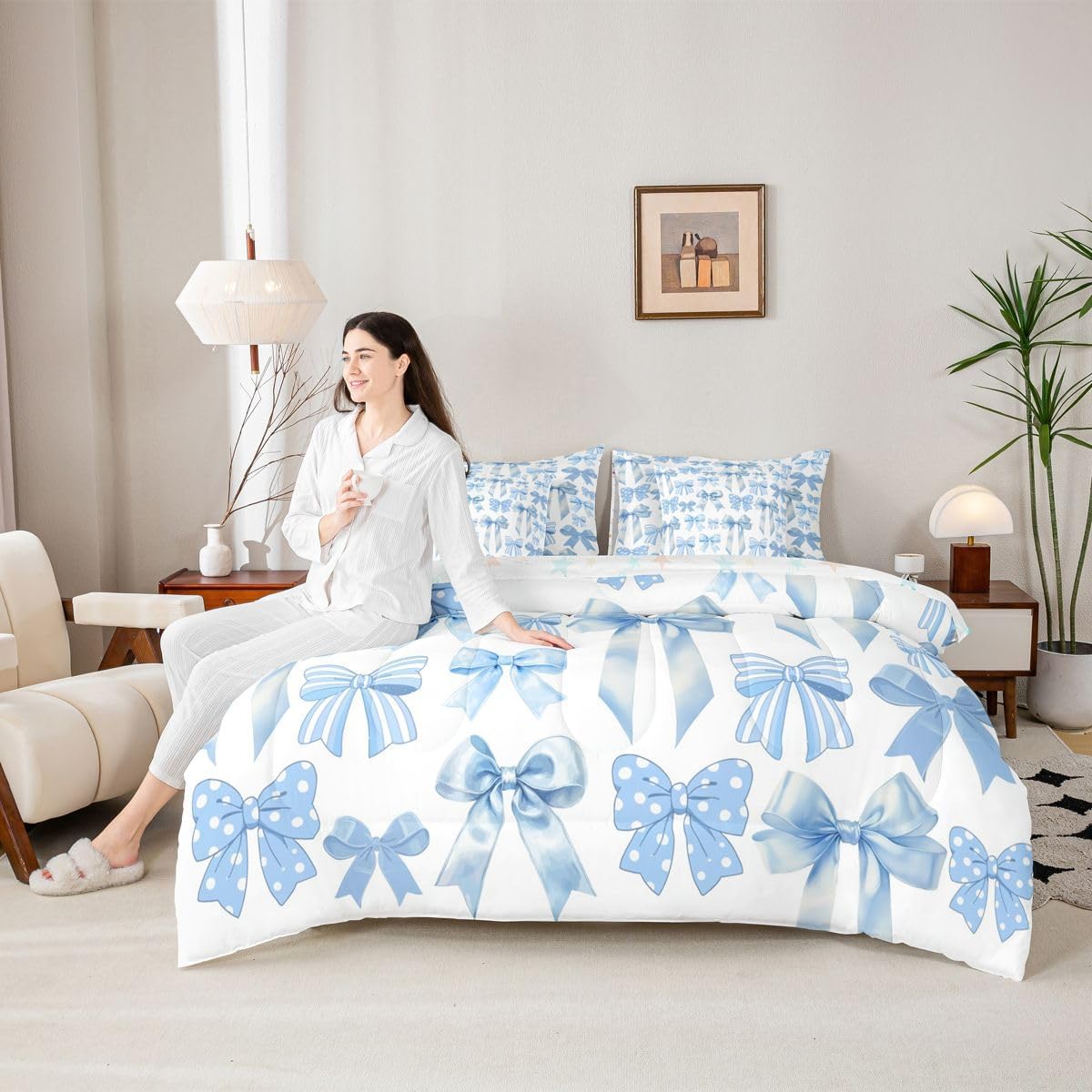 Erosebridal 7 Piece Blue Bowknot Comforter Set with Sheets for Kids Teens Women Cute Ribbon Bow Bed in A Bag Full,Preppy Trendy Kawaii Coquette Bedding Set Butterfly Knot Bow Tie Bed Set