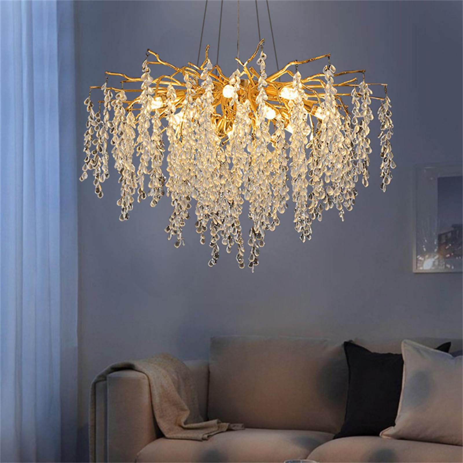 SXECAEPS Modern creative chandelier Gold Crystal for Dining Room, D31.5 Tree Branch Round, Large Room Light Fixture Hight Ceiling Pendant Lights, Linear Foyer, Living