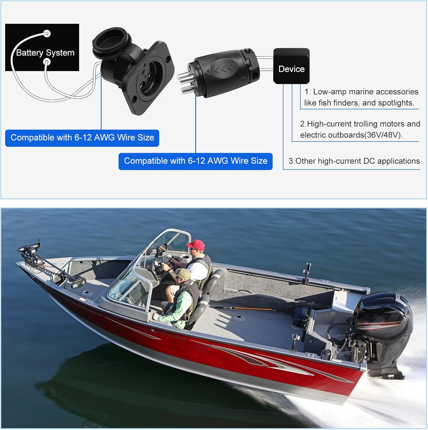 12VCPS3 70A Trolling Motor Plug & Receptacle for 2 or 3-Wire Configuration 12V, 24V, 12/24V, 24/36V, 36V or 48V Systems for Minn Kota Marine Boat Watertight Heavy Duty Electrical Power Connector Black