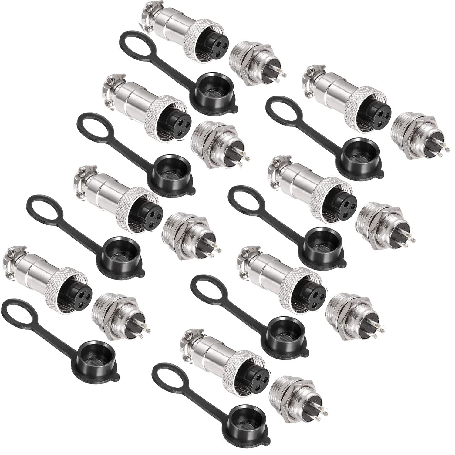 Connecteur d'aviation 16 Pcs, 12-3, Fiche mâle femelle, 3 broches, 5A, 12mm, Métal et Plastique, Argent, Noir
