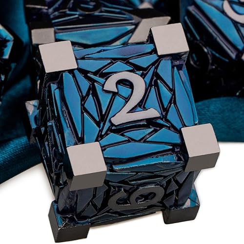 Miniatura 7 de ARUOHHA DND - Juego de dados de metal con fragmentos de cristal, dados D&D con caja de regalo, 7 dados poliédricos plateados y morados, juego de rol