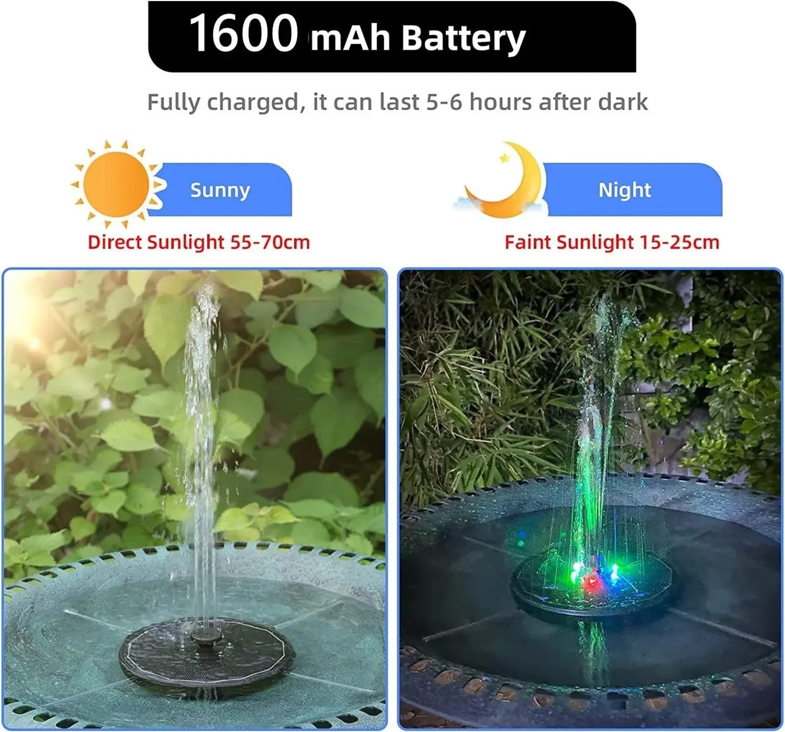 Pompka Słoneczna Solarna pływająca fontanna pompa wodna z kolorowymi diodami LED do kąpieli ptaków 3W 1600mAh bateria do ogrodu/stawu/basenu Solarna pompa fontannowa(7 Colors LED)