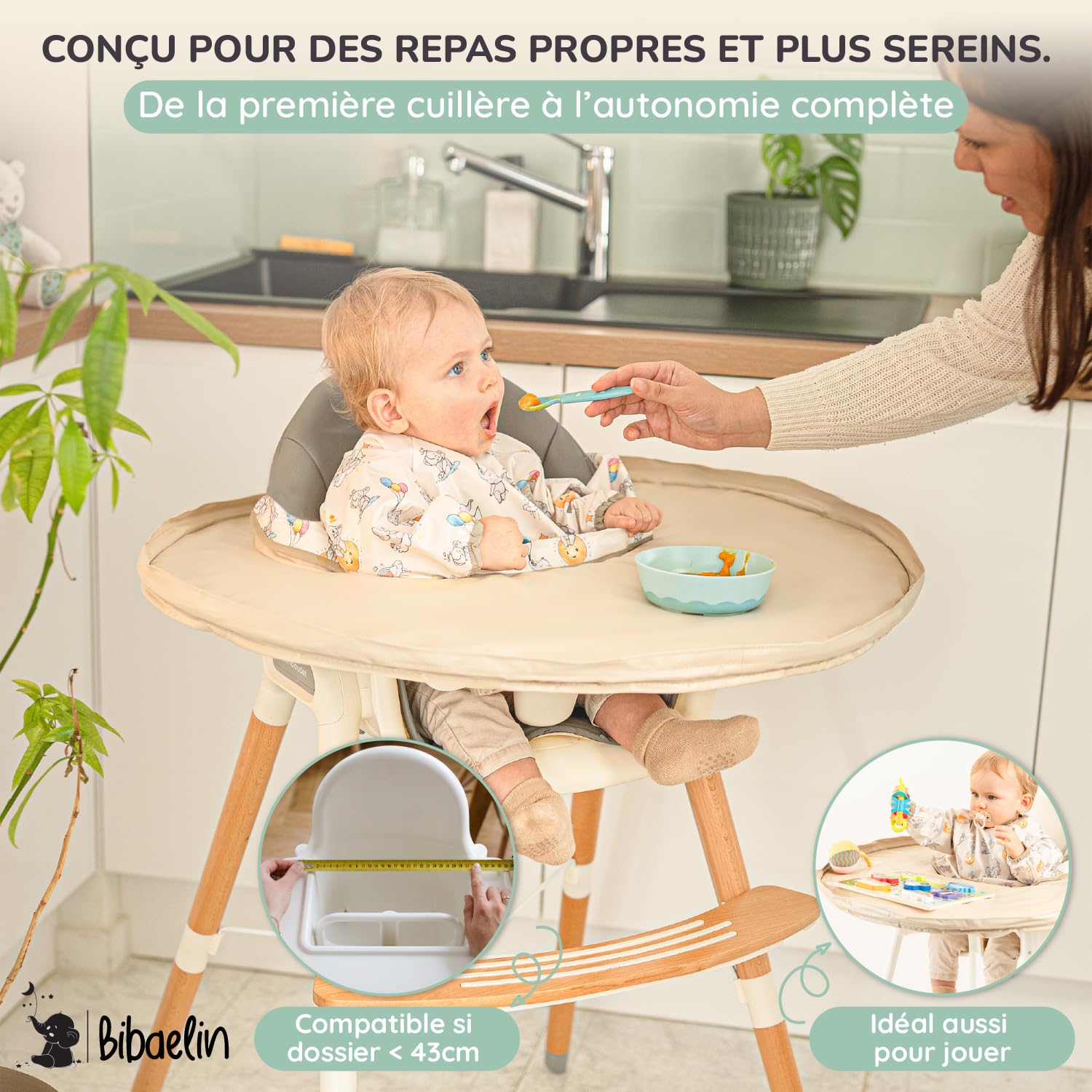 BIBATRAY™ M – Kit Bavoir Plateau DME/BLW & Tablier Manches Longues – Blouse bébé Intégrale Imperméable – Protection Chaise Haute Universelle + Sac Zippé – Compatible IKEA Antilop – 6 Mois+