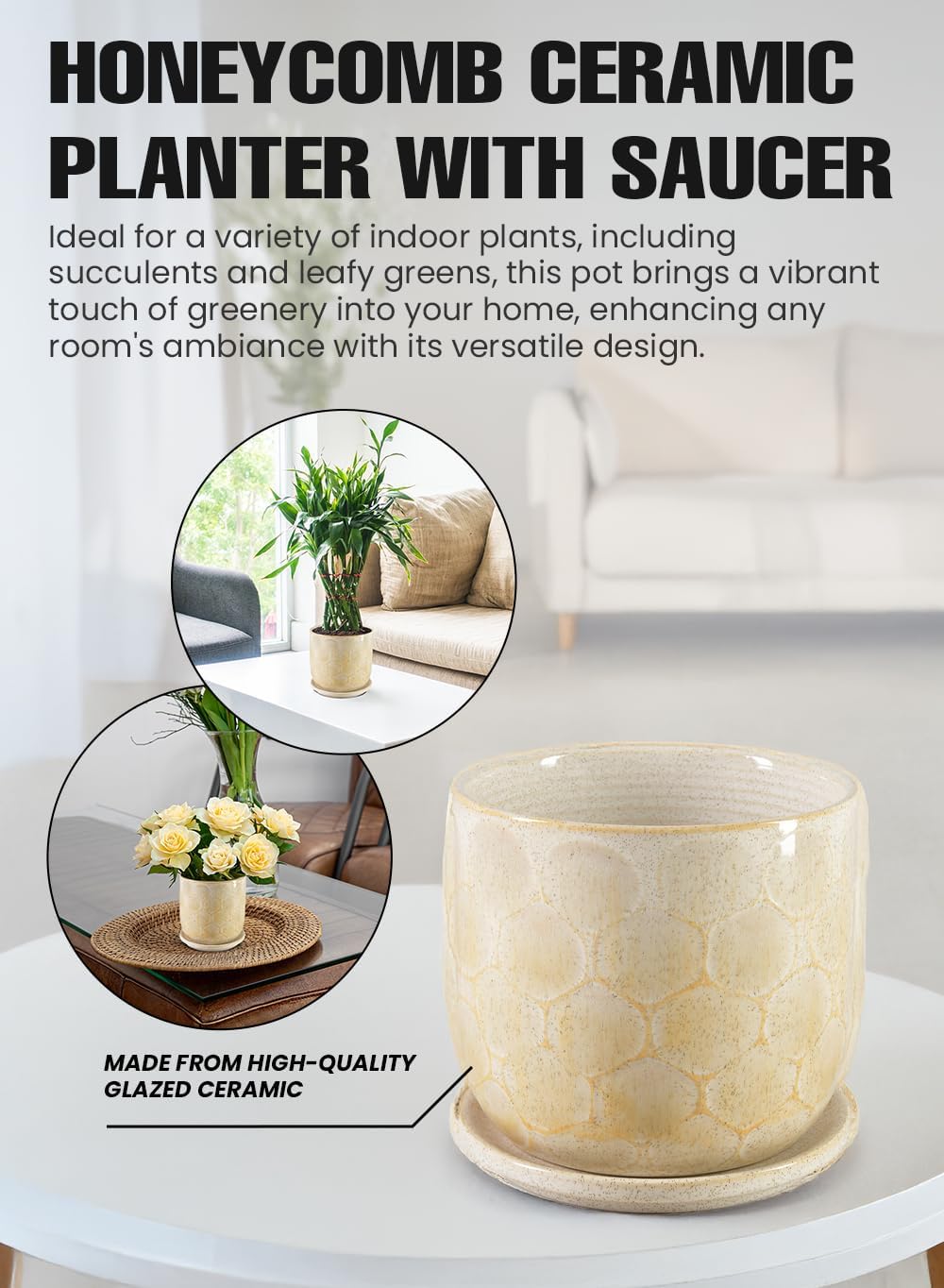 Serene Spaces Living Honeycomb Ceramic Planter with Saucer - Indoor Pot for Plants, Modern & Rustic Home Decor, Perfect for Living Room, Kitchen, Office, 6" Diameter & 6" Tall