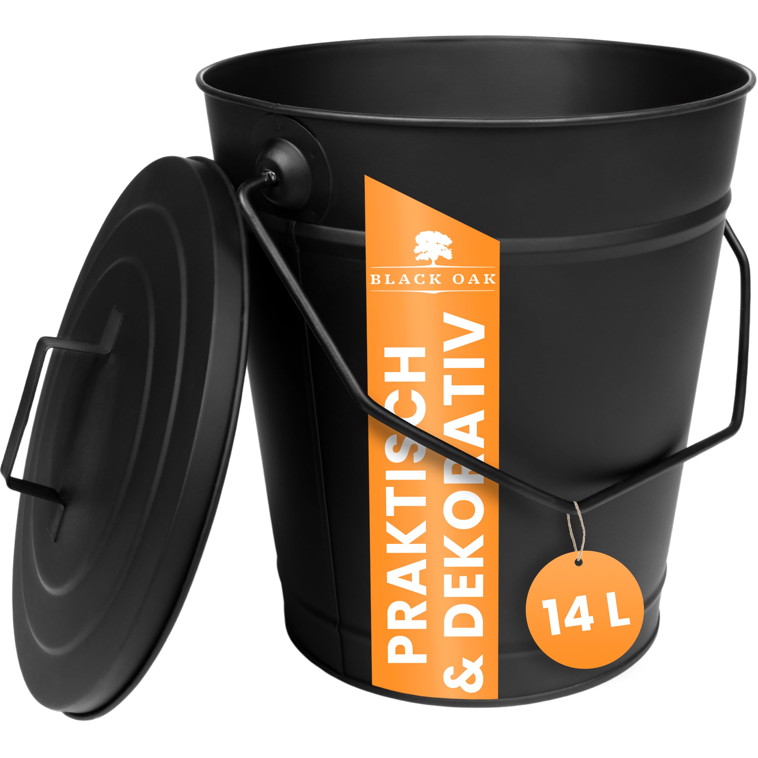 BLACK OAK Pago Asemmer, 5 liter, zwart, met deksel met houten handvat, veger, schep en handschoenen, 5 l groot staal, vuurvast verzinkt en gepoedercoat, emmer voor as, kolen, pellets, modern design