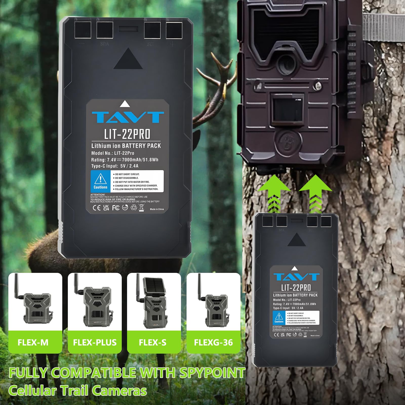 Batterie LIT-22 LIT-22Pro 7000 mAh compatible avec caméra Spypoint Cellular Trail Flex-M/G-36/Plus/S