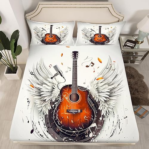 Miniatura 2 de Manfei Guitar Kids Sheet King Size,Retro Vinyl Record Musical Notes Angel Wings Bedding Set,Boys Girls Room Decor,Rock Roll Music Brown Grey Bed