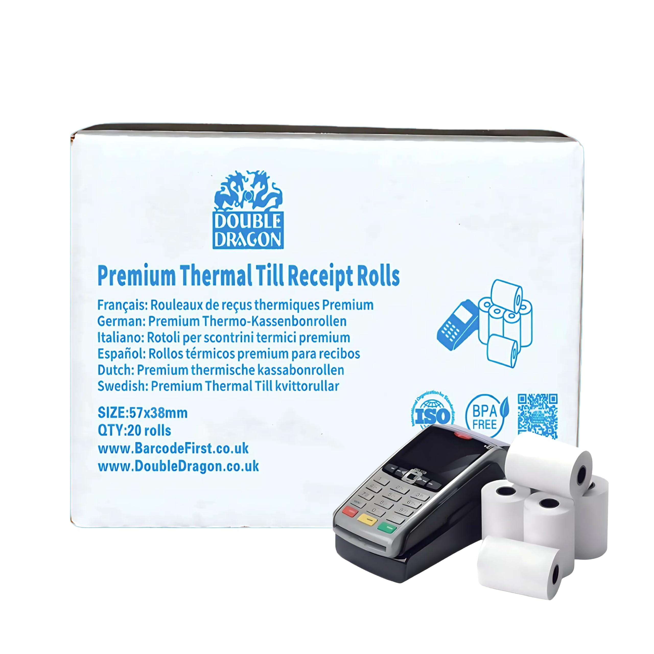 57mm x 38mm Ingenico Thermal PDQ Receipt Paper Rolls | Eco-Friendly, Affordable, BPA-Free | Compatible with Verifone, Spire, Pax Credit Card Machines (Pack of 20)